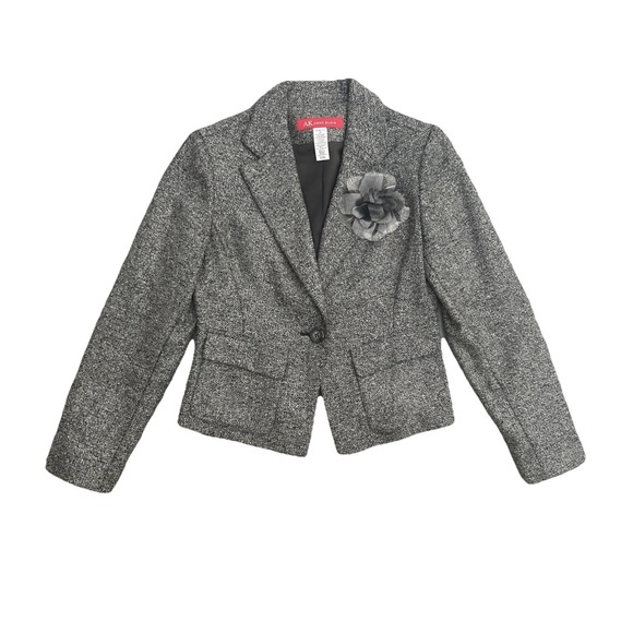 AK Anne Klein Gray Tweed Wool Silk Petite Cropped Blazer Lined Shoulder Pads 6P - Picture 1 of 7